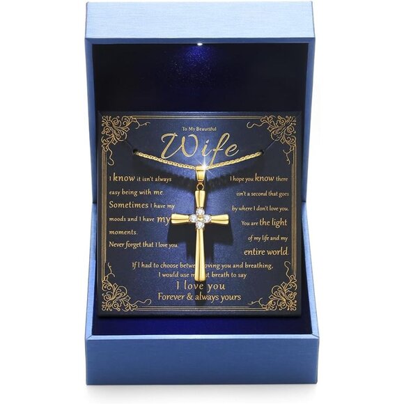 Gold Moissanite Cross Necklace for Women Wife in Light-Up Gift BoxLove Card - W